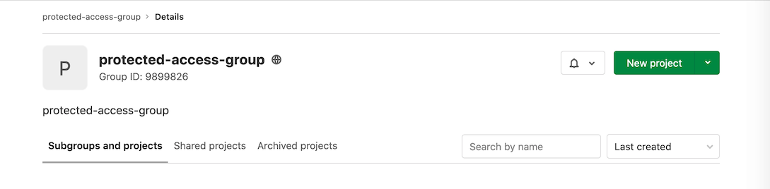 Protected access group interface showing the New project button