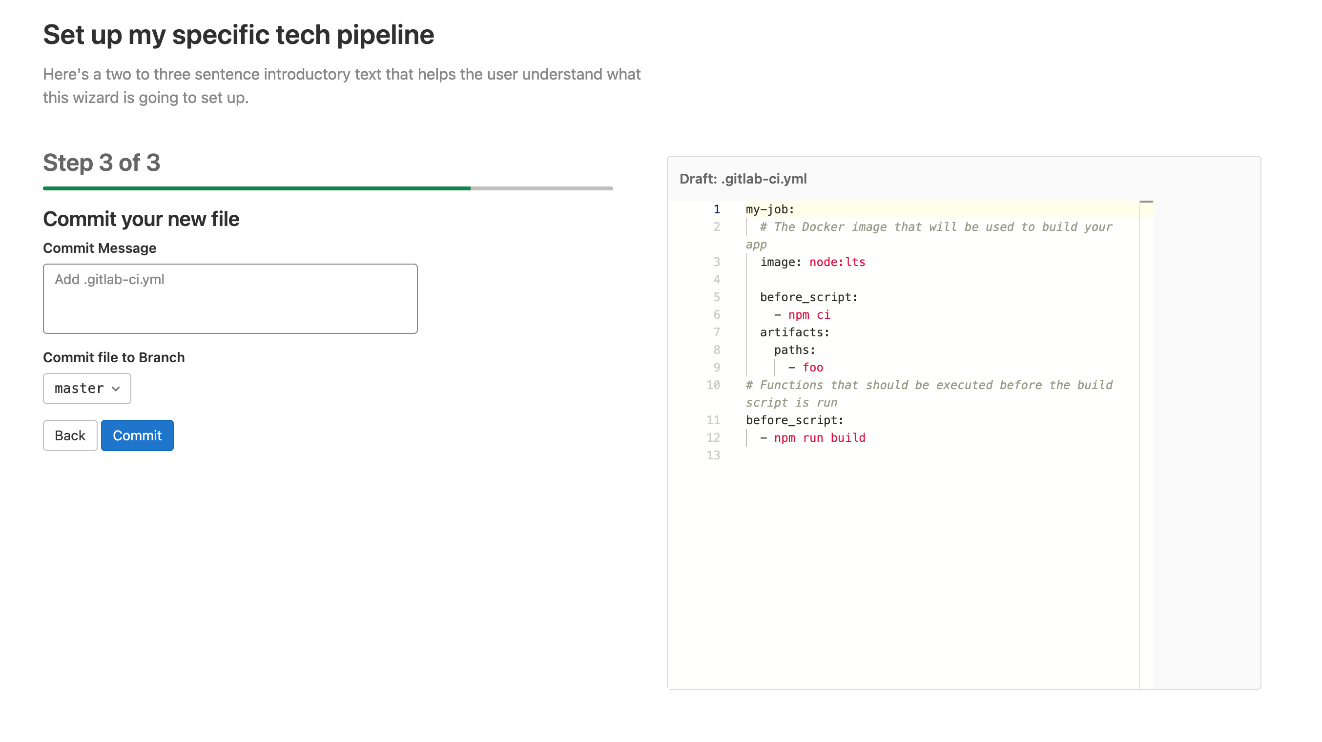 Last step of the pipeline wizard, where you enter a commit message and commit the pipeline configuration.